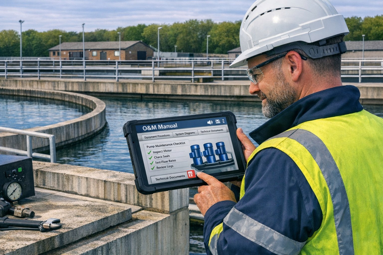 worker with O&M digital data on water treatment works